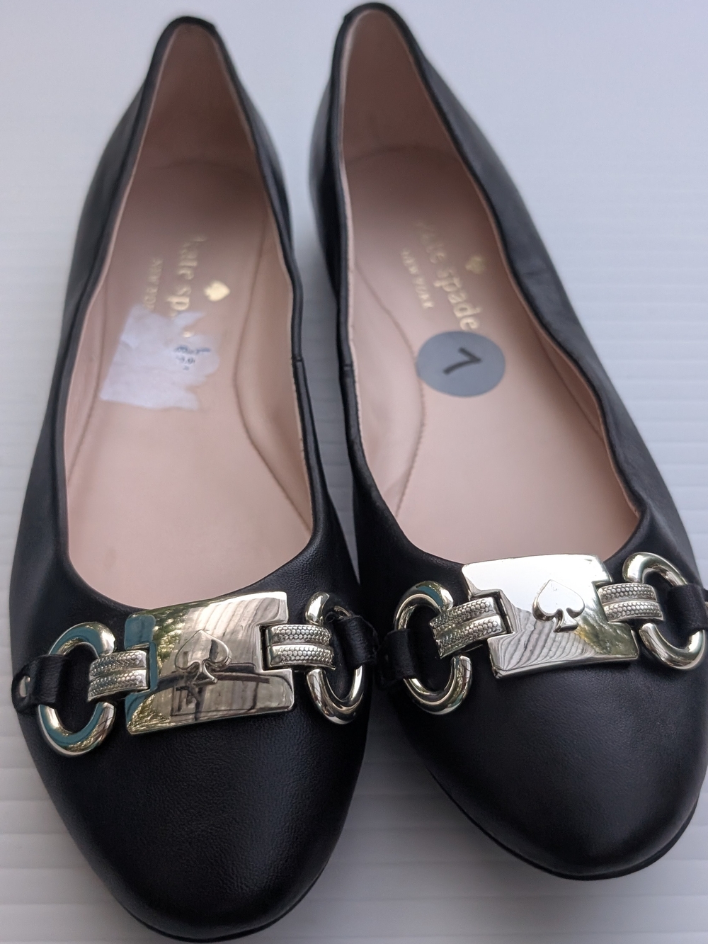 kate spade Black Leather Ballet Flats with Gold Hardware